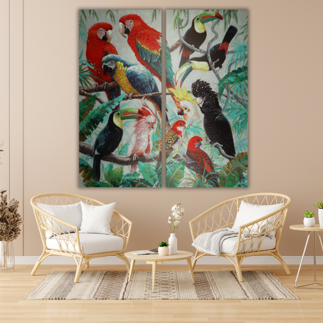 Canvas schilderij Mondiart 'Twee luik de kleurige papagaaien'