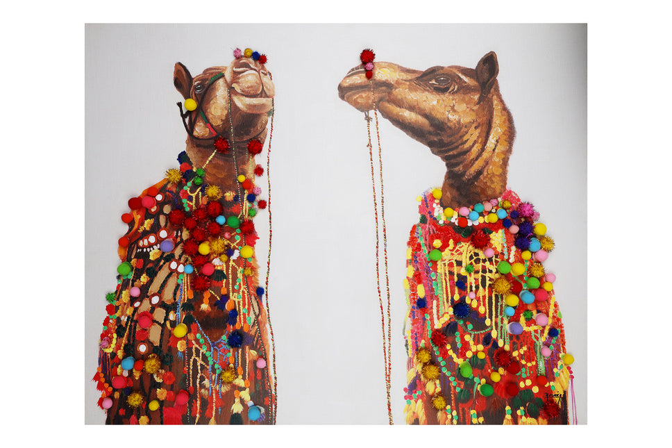 Canvas schilderij 'De twee versierde kamelen'