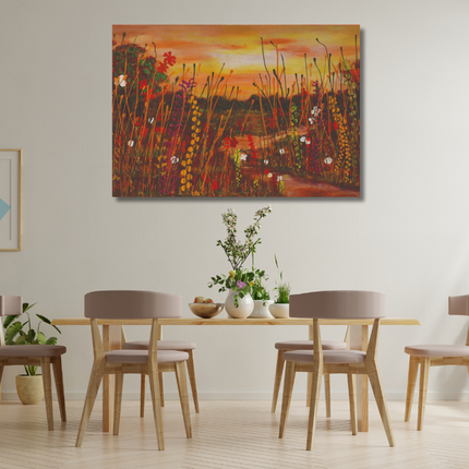 Aluart schilderij 'Bloemenveld zonsondergang'