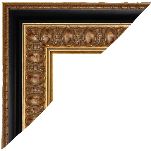 hoek van een decoratieve gouden lijst met zwarte binnenrand en ornamenten