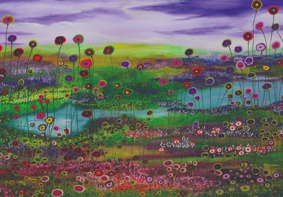 Schilderij 'Bloemenveld aan het meer'