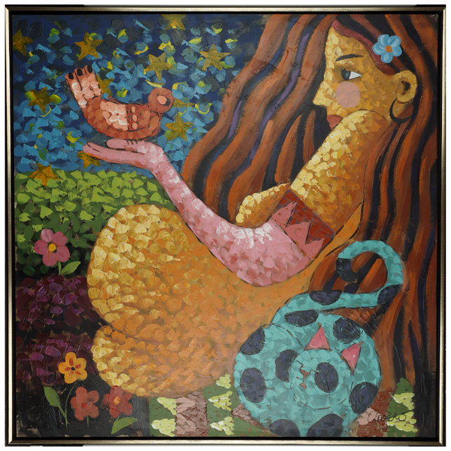 Canvas schilderij 'Vrouw met vogel'