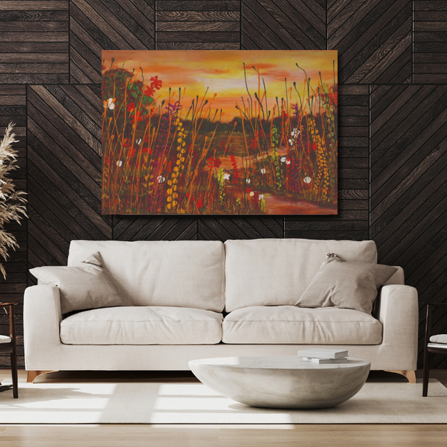 Aluart schilderij 'Bloemenveld zonsondergang'