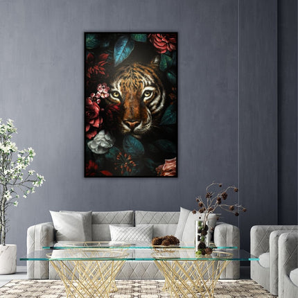 Canvas schilderij 'Tijger in bloemen' met baklijst