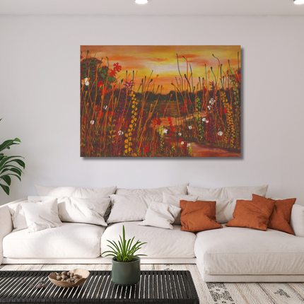 Aluart schilderij 'Bloemenveld zonsondergang'