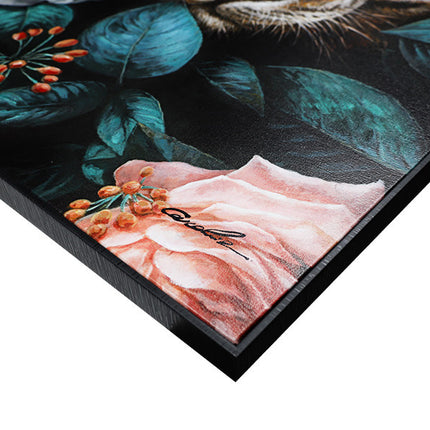 Canvas schilderij 'Tijger in bloemen' met baklijst