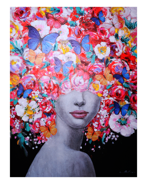 Canvas schilderij Mondiart 'Vrouw met bloemenkrans'