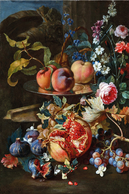 Wandkleed 'Stilleven met bloemen en fruit'