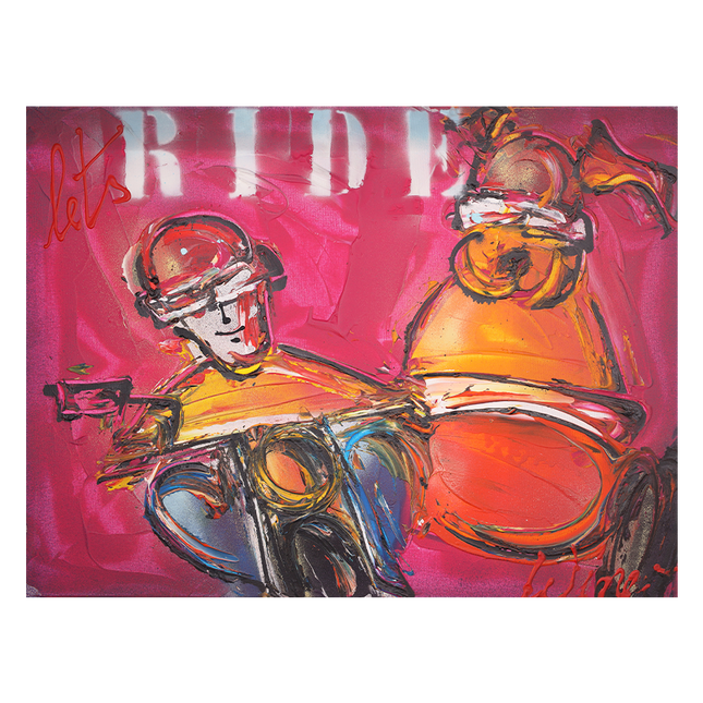 Graffiti art 'Man and dog on motorbike'