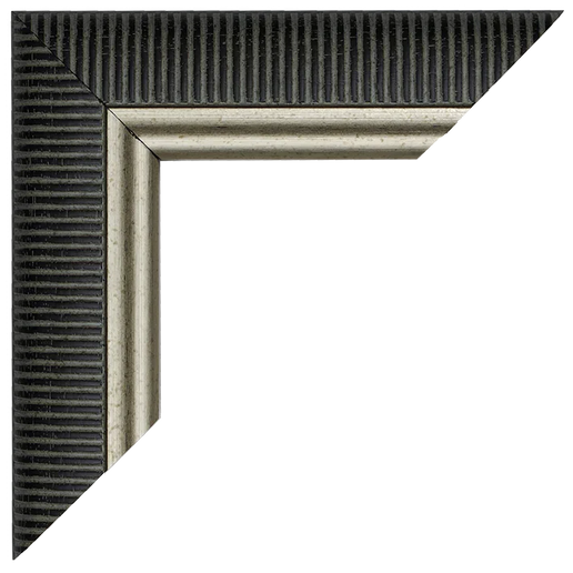 Hoek van een decoratieve fotolijst met zwart geribbeld en zilverkleurig metalen design