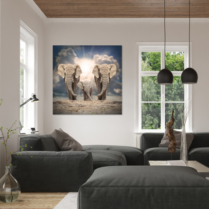 Aluart schilderij 'Elephant family on the road'