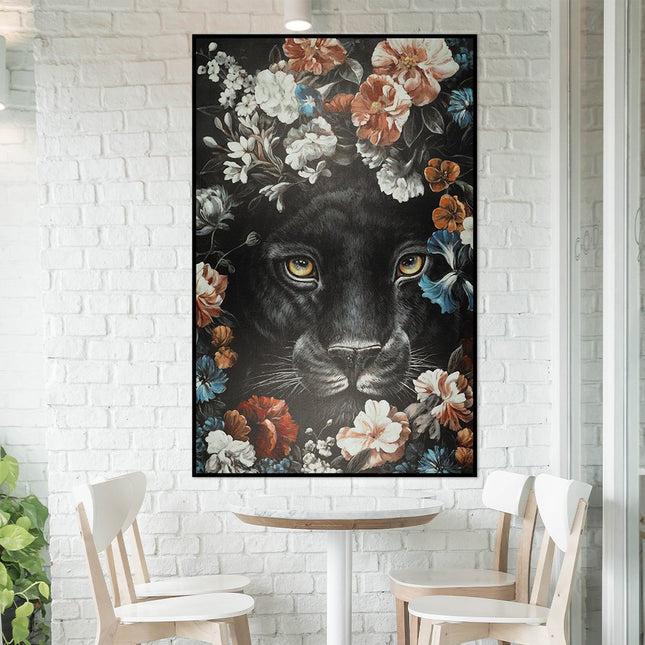 Canvas schilderij Mondiart 'Zwarte panter in baklijst'
