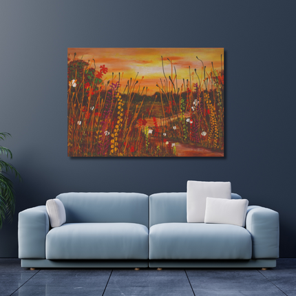 Aluart schilderij 'Bloemenveld zonsondergang'