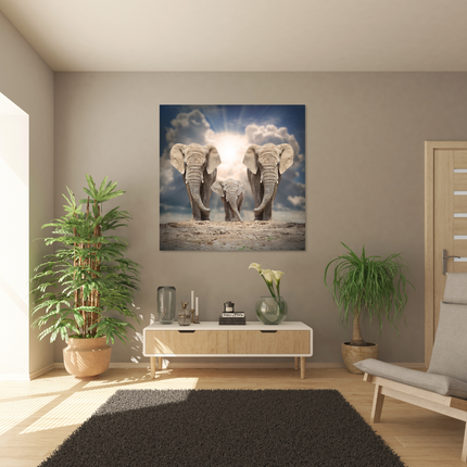 Aluart schilderij 'Elephant family on the road'