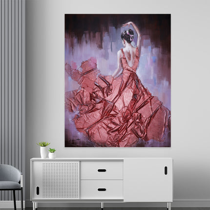 Canvas schilderij 'De vrouw in de rode baljurk'