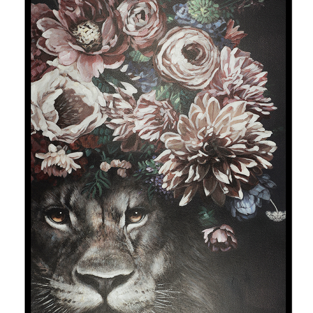 Canvas schilderij Mondiart 'Leeuw in bloemen'