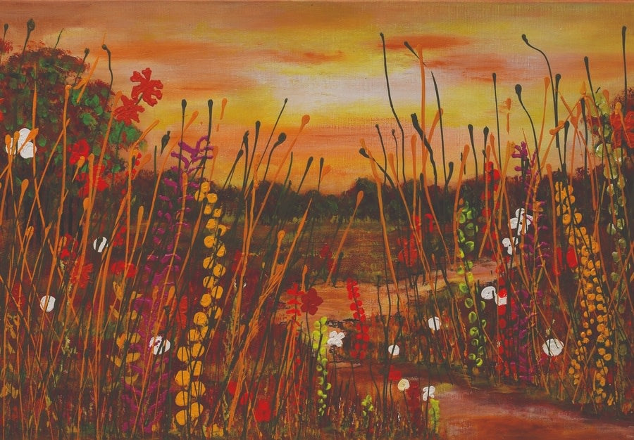 Schilderij 'Bloemenveld zonsondergang'