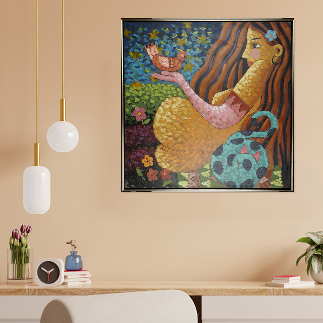 Canvas schilderij 'Vrouw met vogel'