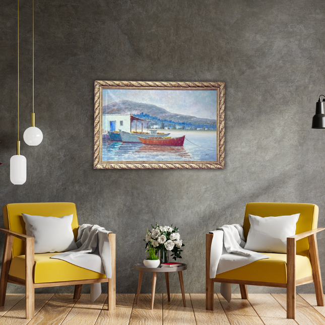 Schilderij ‘vissers hutje’ met Italiaanse lijst