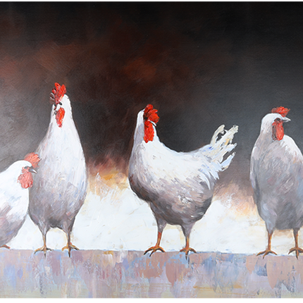 Canvas schilderij 'De vier kippen'