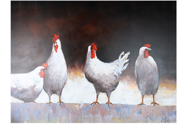 Canvas schilderij 'De vier kippen'