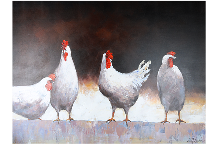 Canvas schilderij 'De vier kippen'