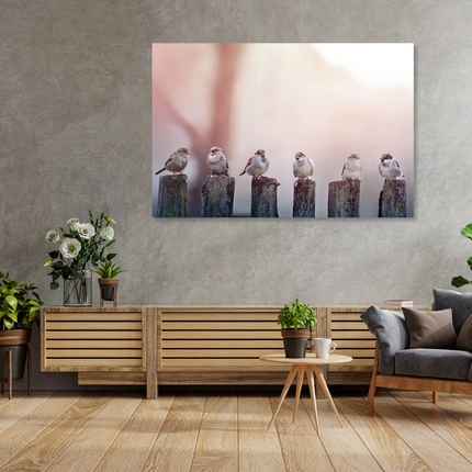 Aluart schilderij 'Sparrows in a row on a wooden fence'