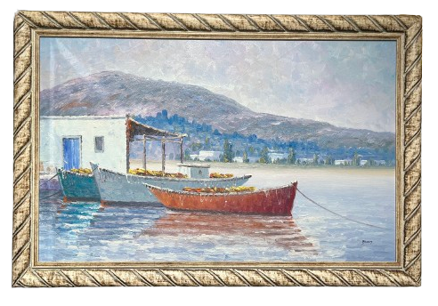 Schilderij ‘vissers hutje’ met Italiaanse lijst
