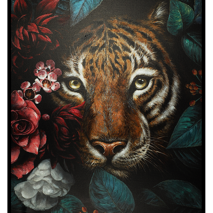 Canvas schilderij 'Tijger in bloemen' met baklijst