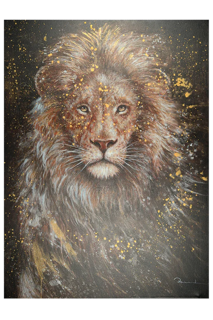 Schilderij van leeuwenkop met gedetailleerde manen en gouden verfspatten op donkere achtergrond