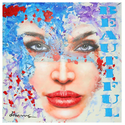 schilderij van een vrouw met kunstspetters om haar gezicht en de blauwe tekst beautiful
