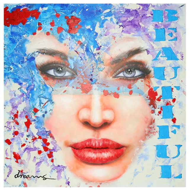 schilderij van een vrouw met kunstspetters om haar gezicht en de blauwe tekst beautiful

