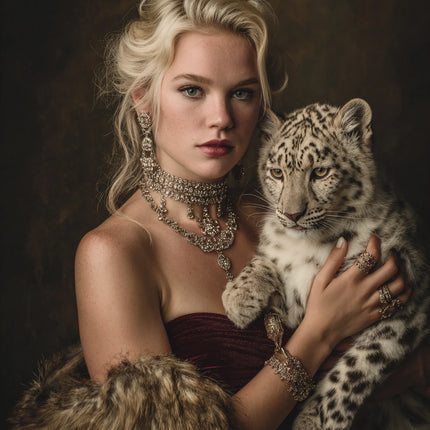 blonde princess holding a snow leopard