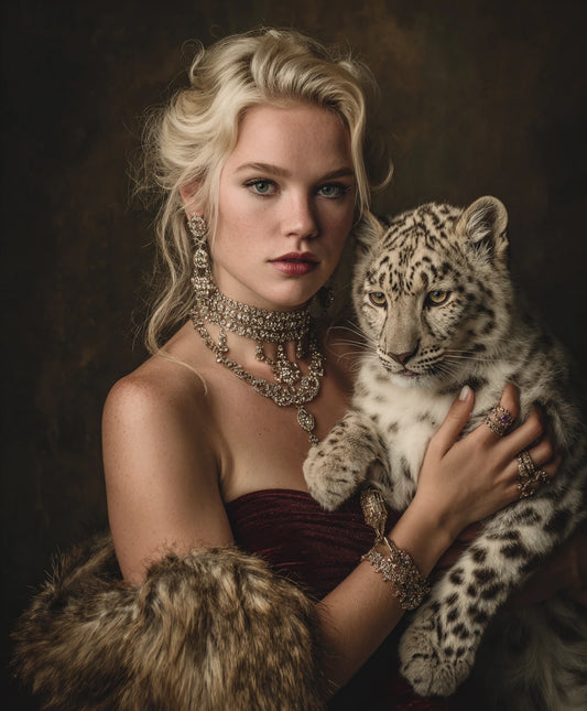 blonde princess holding a snow leopard